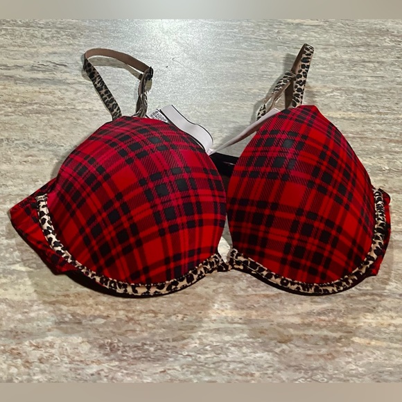 Victoria’s Secret Red And Black Plaid and Cheetah Print Push Up Bra 36B - Picture 1 of 9